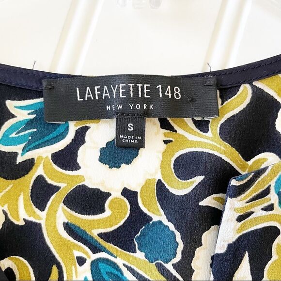 Lafayette 148 New York Floral V-Neck Blouse 3/4 Tie Sleeve Black Blue Green S - Picture 6 of 7